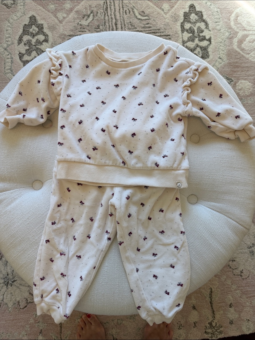 Cream Floral Ruffle-Sleeve Baby Sweater and Pants by Little Planet
